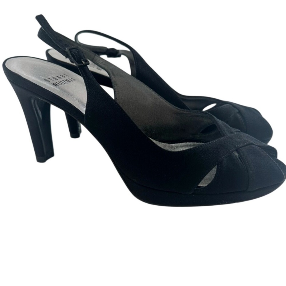 Stuart Weitzman Womens Heel Pump Peep Toe Black Fabric Size 6.5M